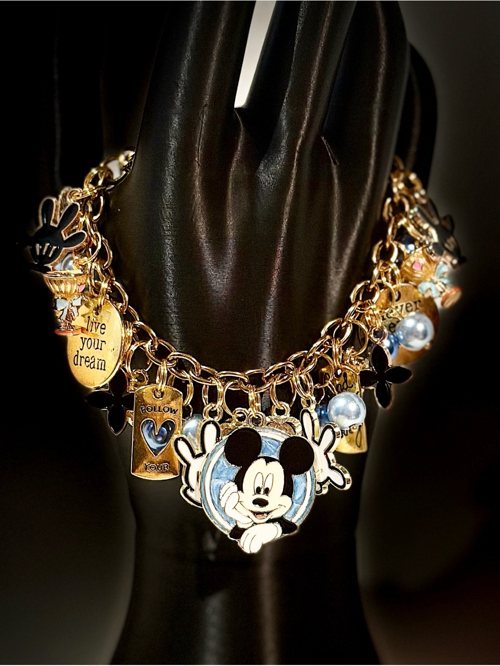 Gold Mouse Charm Bracelet with Black & White Accents